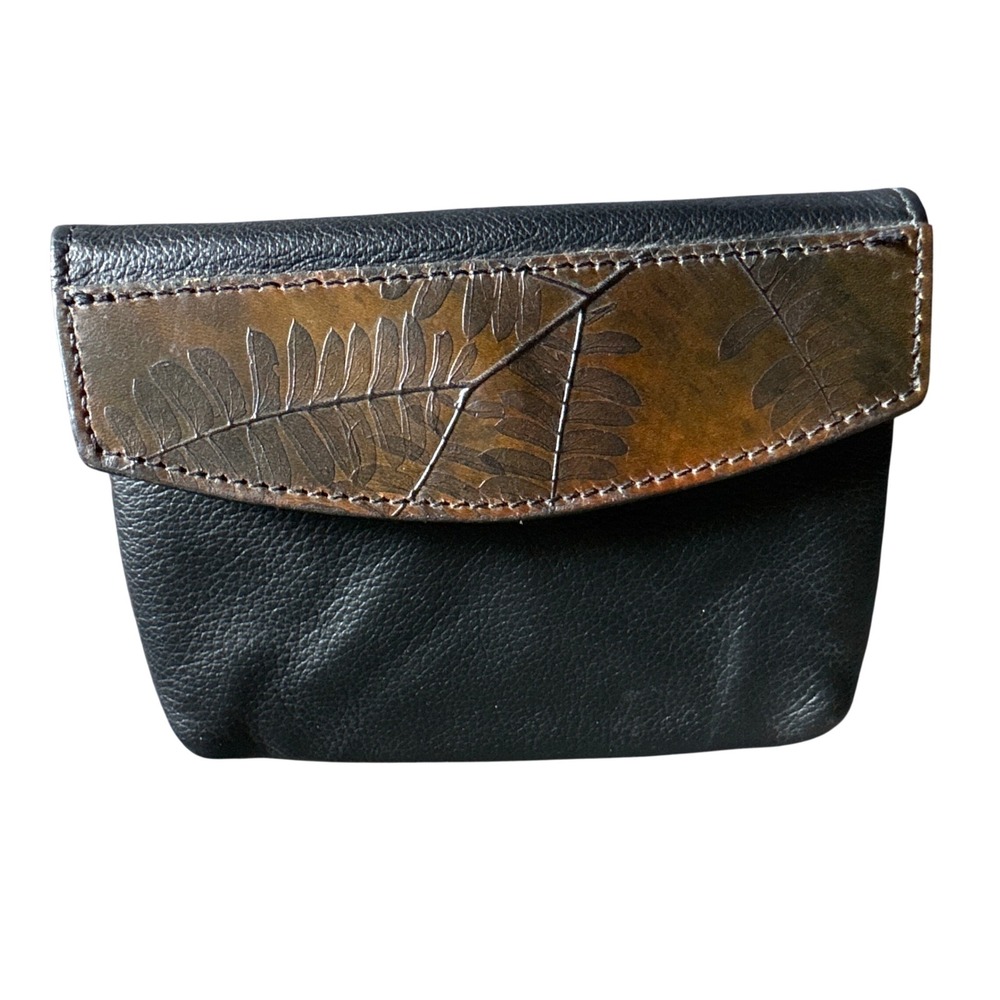 Handmade Leather Key Pouch Coin Purse Embossed Fern Leaf Black Brown Zip Wallet‎